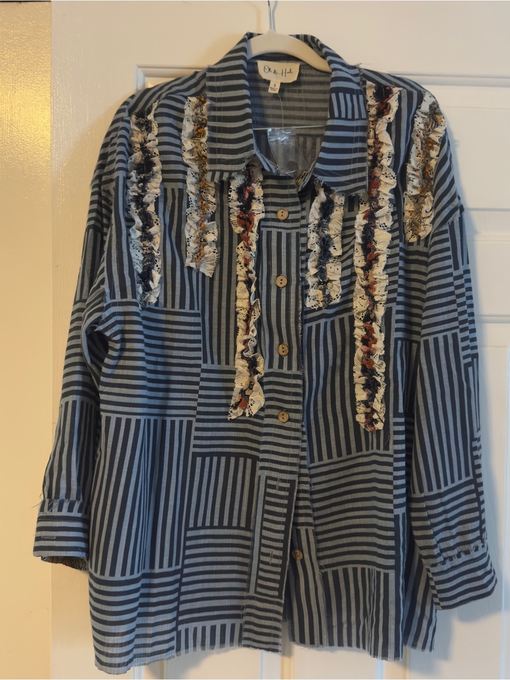 Oli & Hali Blue Striped Button-Down Shirt with Ruffle Accents